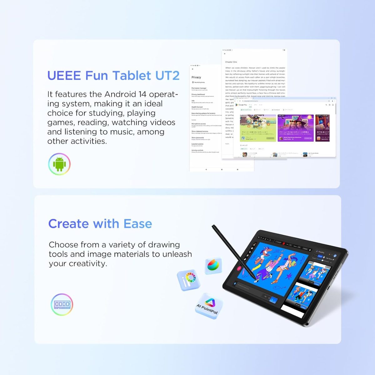 ⁦UGEE Pad Drawing Tablet No Computer Needed,6GB+128GB Fun Drawing Pad 2K Ultra HD with Full-Laminated Screen,Android 14 Tablet Drawing Stand for 7000mAh+18W Battery,Standalone Tablet 10.36⁩ - الصورة ⁦8⁩