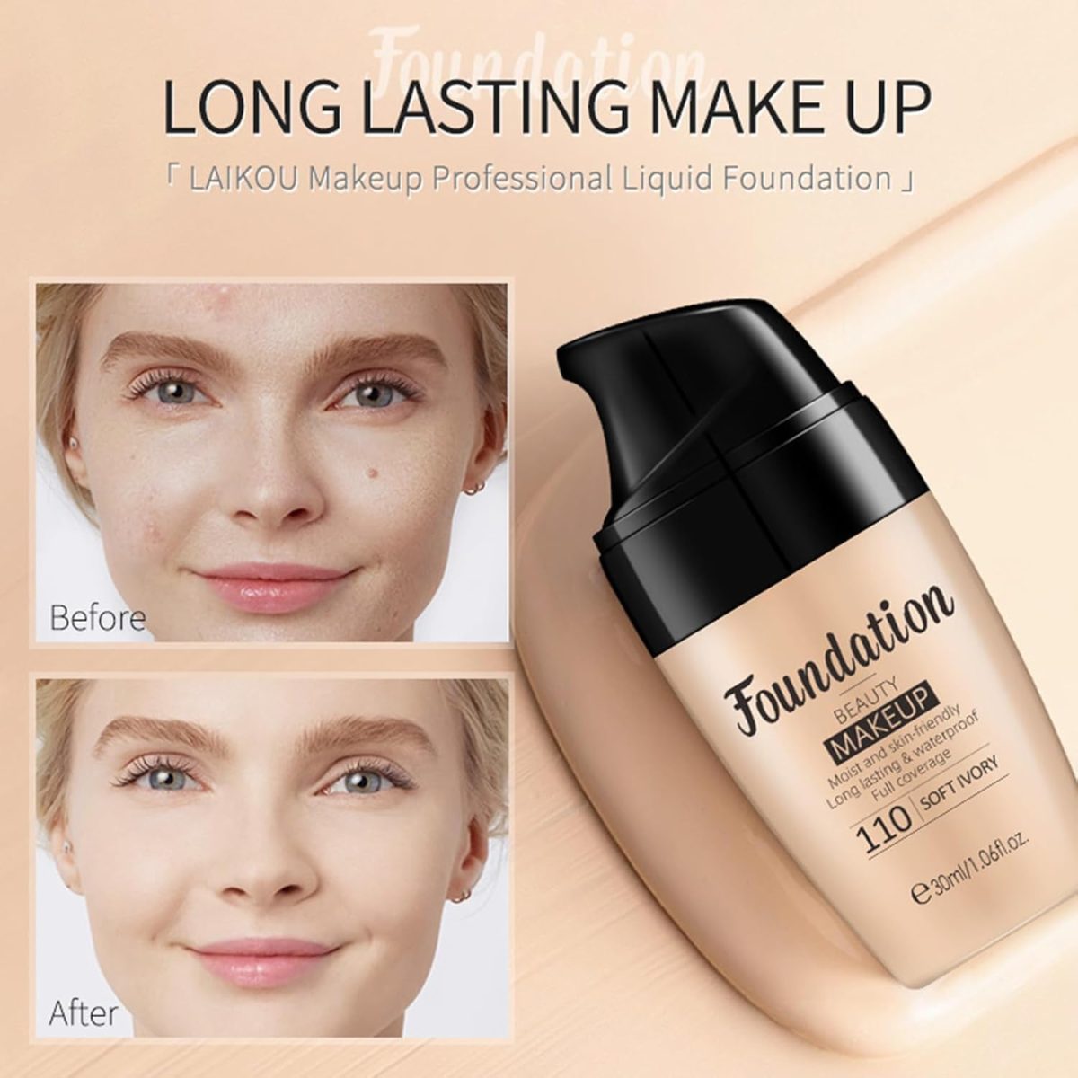 ⁦Azonee Color Changing Liquid Foundation for Mature Skin - Full Coverage, All Day Flawless, Long-Lasting Makeup Base (Ivory)⁩ - الصورة ⁦6⁩