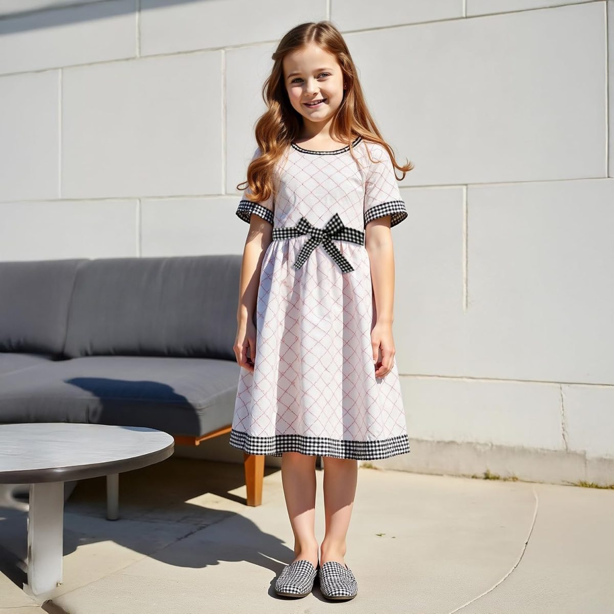 ⁦Xulinova girls' fashion plaid A-line dress with bow belt, short sleeves, breathable stretch fabric, size 8–12Y, فساتين بنات للعيد, فستان بناتي محتشم, ملابس اطفال بنات, فستان اطفال⁩ - الصورة ⁦5⁩