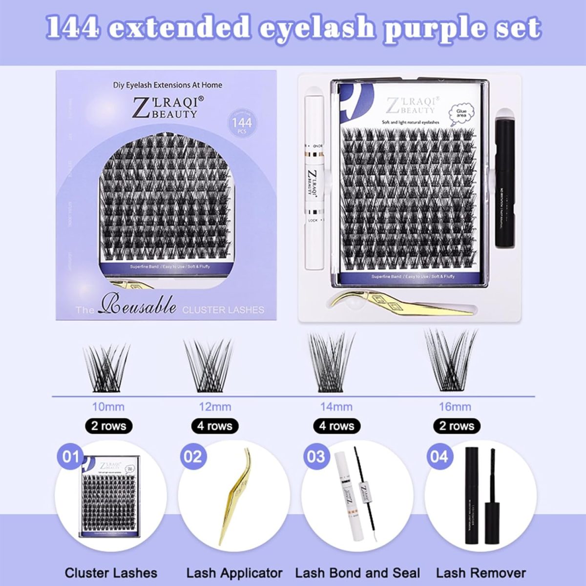 Lash Extension Kit, 144Pcs Eyelash Extension Kit, Cluster Eyelash Extensions, 12-16mm DIY Lash Clusters Kit with Lash Bond and Seal Lash Remover Tweezers for Lash Extensions, Easy to Apply
