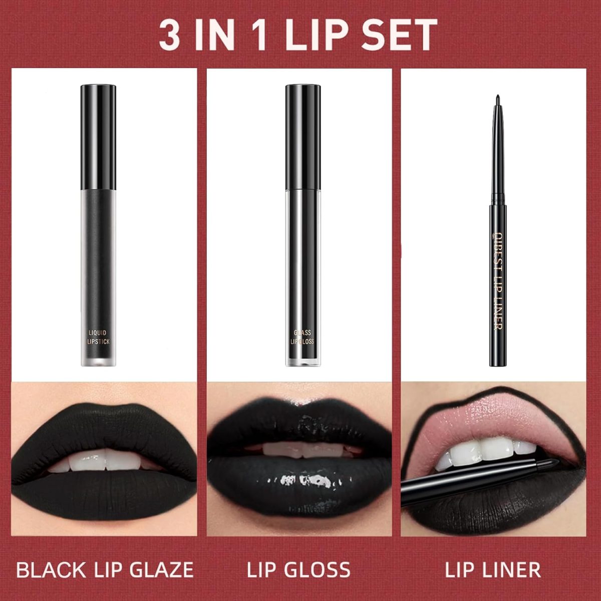 ⁦Black Lip Liner Lipstick Lip Gloss Set, 3Pcs Black Matte Liquid Lipstick Lip Stain, Long-Lasting Highly Pigmented Waterproof Lipgloss for Lips Makeup Kits Party, Halloween, Gothic Makeup⁩ - الصورة ⁦2⁩