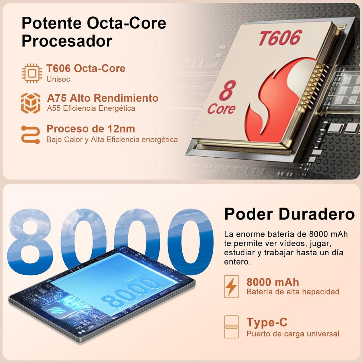 ⁦2025 Newest Android Tablet 14 Touch Tablet, 22(6+16)GB RAM+128GB ROM/TF 2TB, 8-Cores, 8000mAh, GPS, Face ID, Widevine L1, BT5.0, 8MP+5MP, WLAN 6, Parental Control, Tablet with Mouse-Grey⁩ - الصورة ⁦4⁩