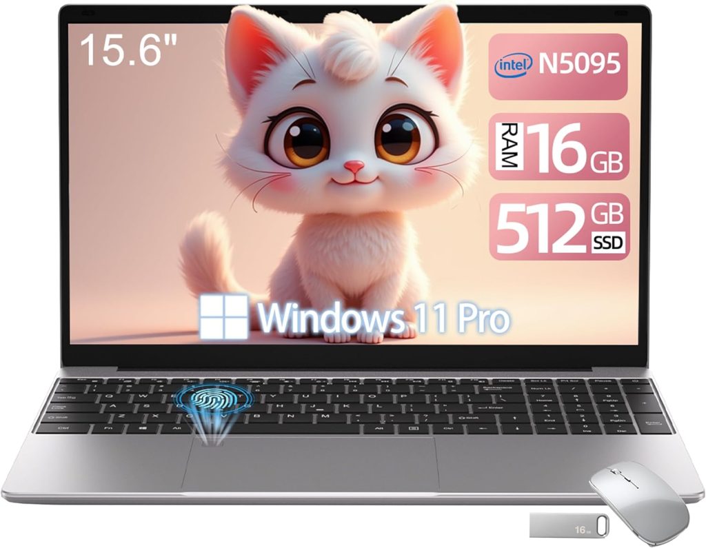 TOPGRO 15.6" Laptop Computer, Mouse and Mouse pad Included, Cerelon N5095, 16GB DDR4/512GB SSD, 1920x1080P, Fingerprint Reader, WiFi5, BT4.2, USB3.0, MINI HDMI, Windows11 Pro, Backlit KB