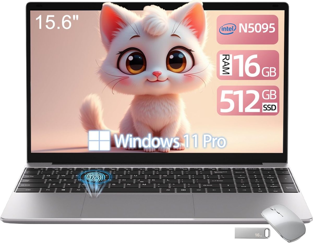 TOPGRO 15.6" Laptop Computer, Mouse and Mouse pad Included, Cerelon N5095, 16GB DDR4/512GB SSD, 1920x1080P, Fingerprint Reader, WiFi5, BT4.2, USB3.0, MINI HDMI, Windows11 Pro, Backlit KB