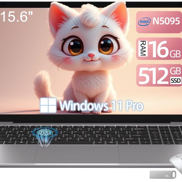 TOPGRO 15.6" Laptop Computer, Mouse and Mouse pad Included, Cerelon N5095, 16GB DDR4/512GB SSD, 1920x1080P, Fingerprint Reader, WiFi5, BT4.2, USB3.0, MINI HDMI, Windows11 Pro, Backlit KB
