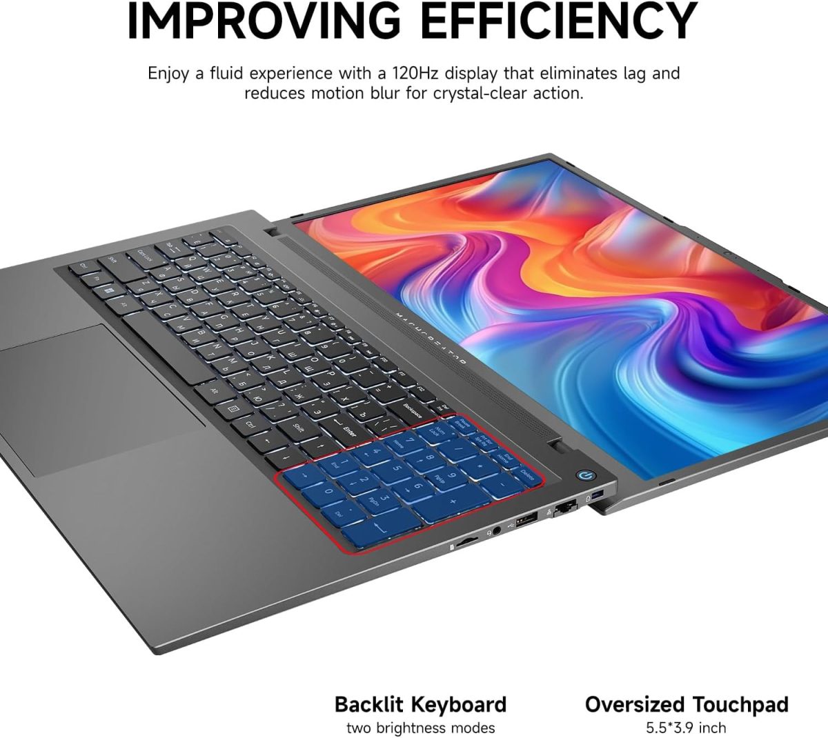 ⁦Machcreator Business Laptop, 17.3" FHD 120Hz, Intel Processor, 16GB DDR5 RAM, 1TB SSD, Backlit Keyboard, Large Touchpad, MicroSD Card Reader, Camera Shutter Switch, Wi-Fi, Win 11 Home, Grey⁩ - الصورة ⁦4⁩
