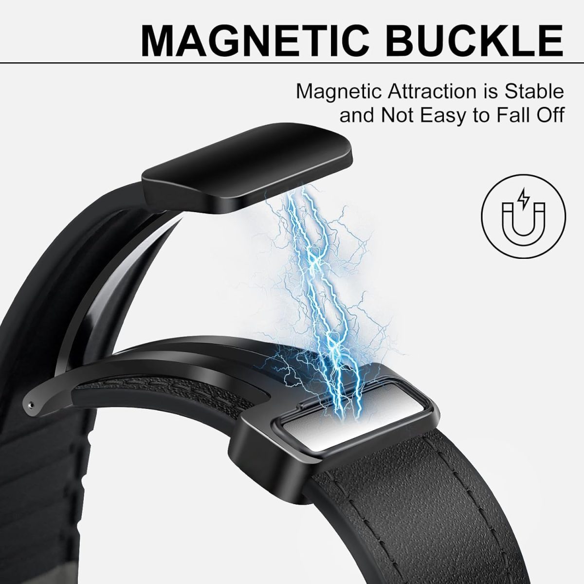 ⁦Excefore Magnetic Leather Watch Band for Apple Watch - Compatible with 49mm 45mm 44mm 42mm, Genuine Leather Strap with Magnetic Buckle, Fits for Apple Watch Ultra 9 8 7 Series - Black⁩ - الصورة ⁦3⁩