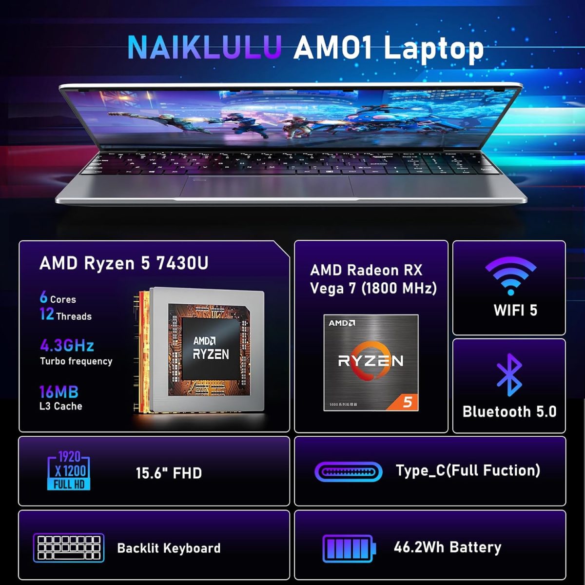 ⁦NAIKLULU Gaming Laptop,15.6 Inch Laptop Computer,32GB RAM 1TB SSD,AMD Ryzen 5 7430U 6C/12T Processor(up to 4.3Ghz),AMD Radeon Graphics,15.6”FHD 1920 * 1080 Display,WiFi 5,BT5.0,Backlit Keyboard⁩ - الصورة ⁦2⁩