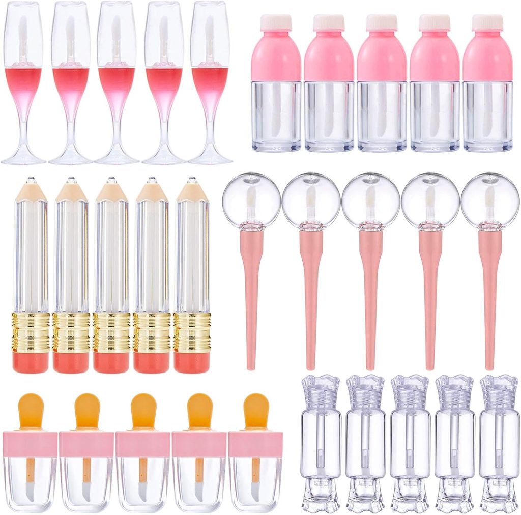 Vankcp 30 Pcs Cute Empty Lip Gloss Tubes, 6 Styles Lip Glaze Tubes Novelty Red Wine Glass Lip Oil Bottles Ice-Cream Shaped Empty Lip,Refillable Lip Balm Containers for Women Girls DIY(5/8/10ML)