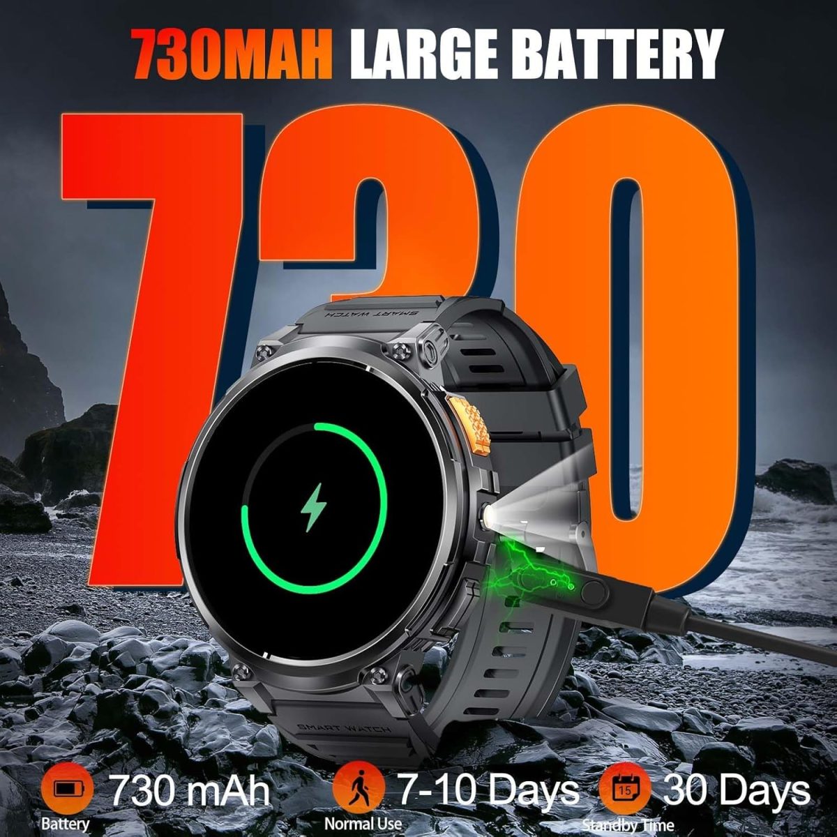 ⁦Military Smart Watches for Men with LED Flashlight 1.85" Large Screen 730mAh Big Battery Activity Tracker with Bluetooth Call Sport Modes Health Monitor Outdoor Tactical Smartwatch for iPhone Android⁩ - الصورة ⁦3⁩