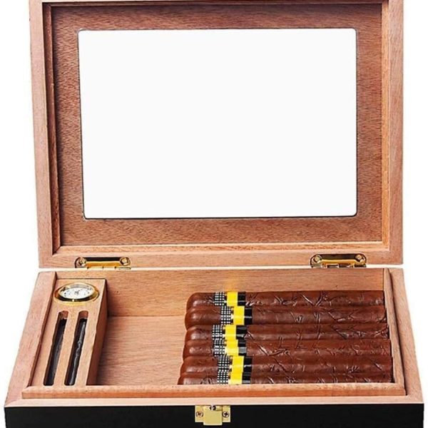 Can Hold 20 Cigars with Humidifier and Hygrometer Cigarette Box Cigar Cabinet Cedar Wood Lining Glass Sunroof Solid Wood Box Large Capacity Men's Box Black ble f Classic Portable Cigar Wauyan