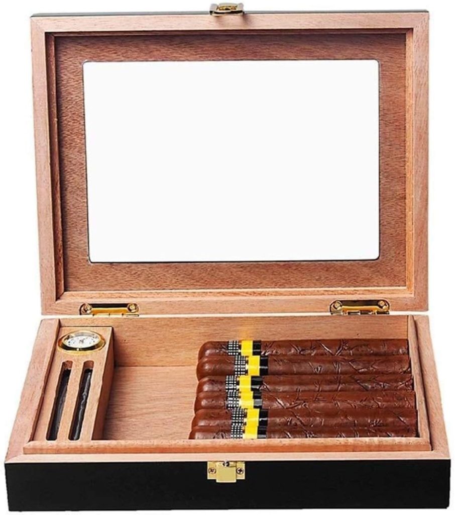 Can Hold 20 Cigars with Humidifier and Hygrometer Cigarette Box Cigar Cabinet Cedar Wood Lining Glass Sunroof Solid Wood Box Large Capacity Men's Box Black ble f Classic Portable Cigar Wauyan