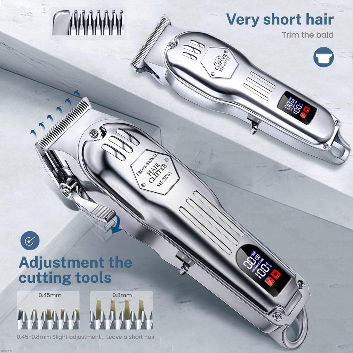 ⁦KIKIDO Hair Clippers Professional Cordless for Men, Barber Clippers for Hair Cutting Kit, Wireless LCD Display Hair Trimmers Set, Rechargeable Haircut Machine for Family (Sliver)⁩ - الصورة ⁦3⁩