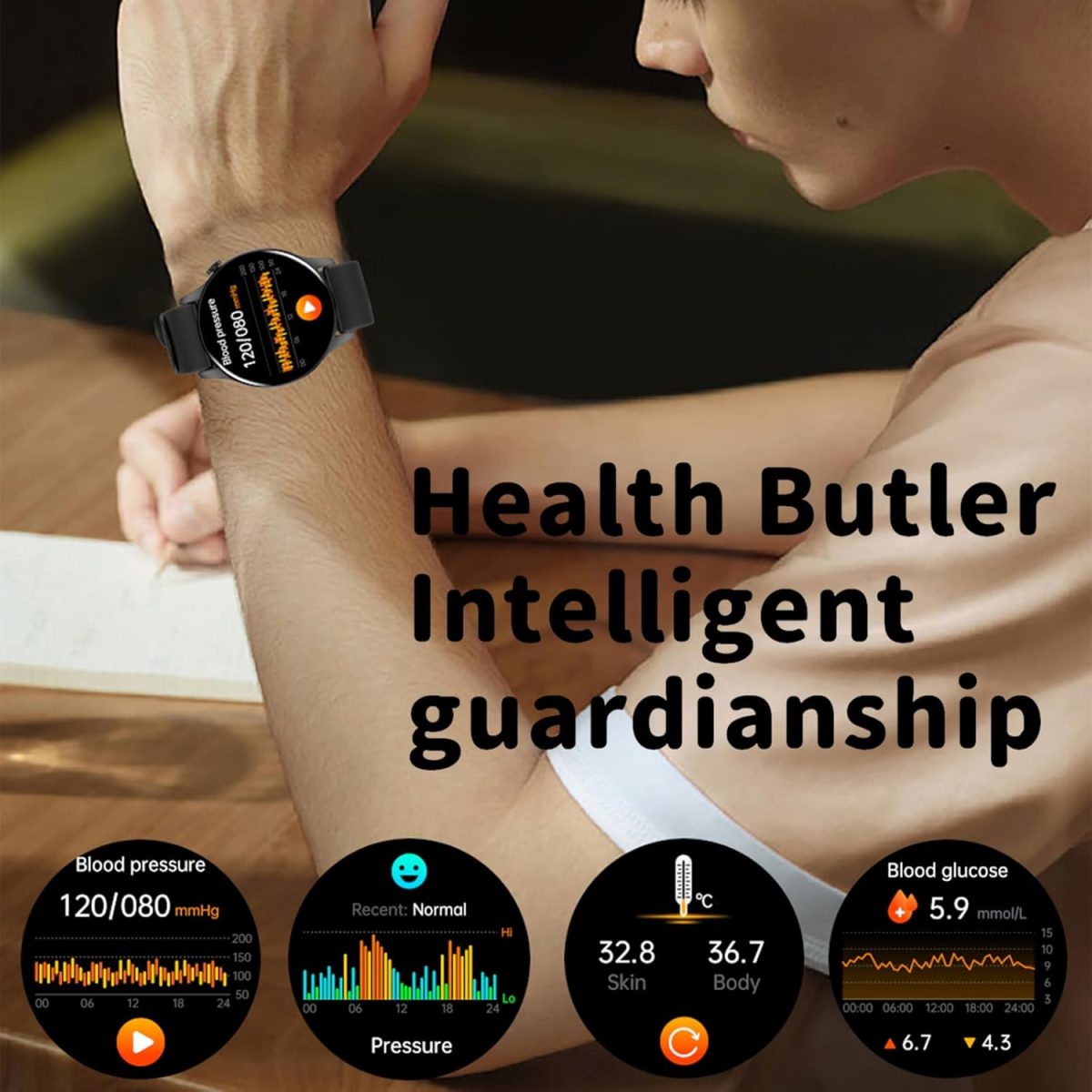 ⁦Smartwatch with Bluetooth Calls/Smart Notifications 1.43", Fitness Tracker with 100+ Sport Modes, Sleep/Stress Health Tracker, Compatible with Android & iOS (Beige)⁩ - الصورة ⁦6⁩
