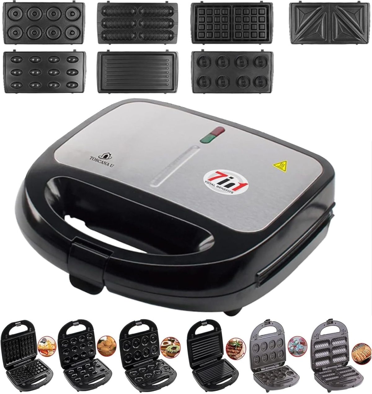 Sandwich Maker, Waffle Maker, Kurp Maker, Donut, Biscuit, Sandwich, Walnut Maker 7 in 1 Multifunctional Non-Stick Removable LED Indicator Lights, Auto Heating 800W R.217