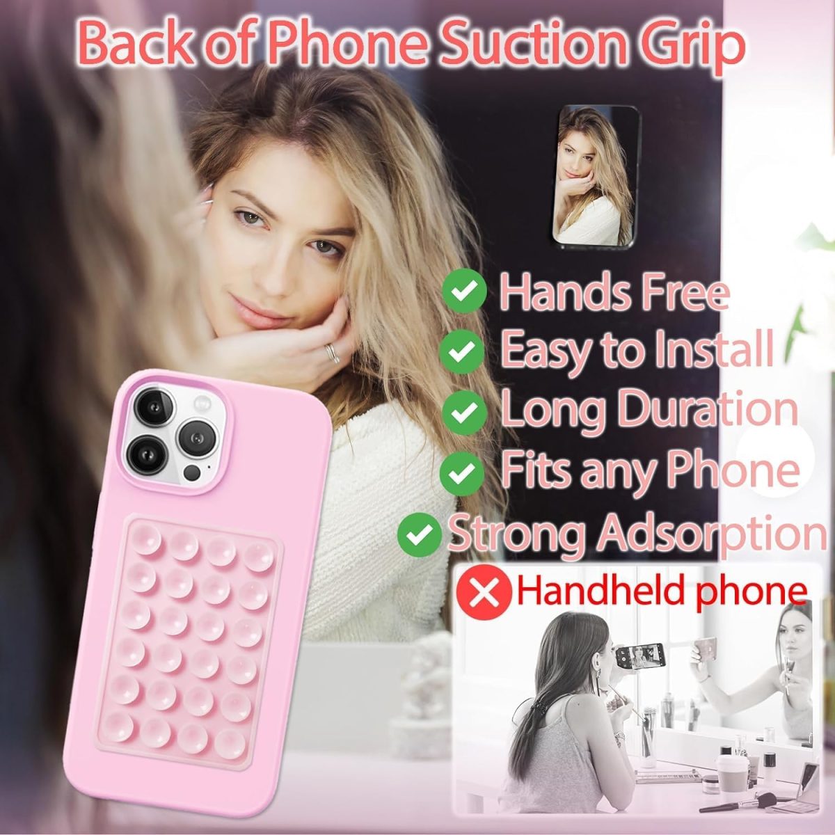 ⁦YRQX 2 Pack Silicone Suction Phone Case Mount, Silicon Adhesive Phone Stand Sticky for Cell Phone, Hands-Free Phone Accessories Holder for Selfies and Videos, Light Pink and White⁩ - الصورة ⁦3⁩