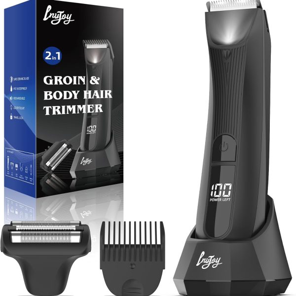 INVJOY Manscape Body Trimmer for Men, Waterproof Electric Razor/Shavers with Dual-Head for Facial, Pubic & Groin Hair Grooming, Ceramic & Foil Blades Hair Trimmer with LED - Birthday Gift for Him Dad