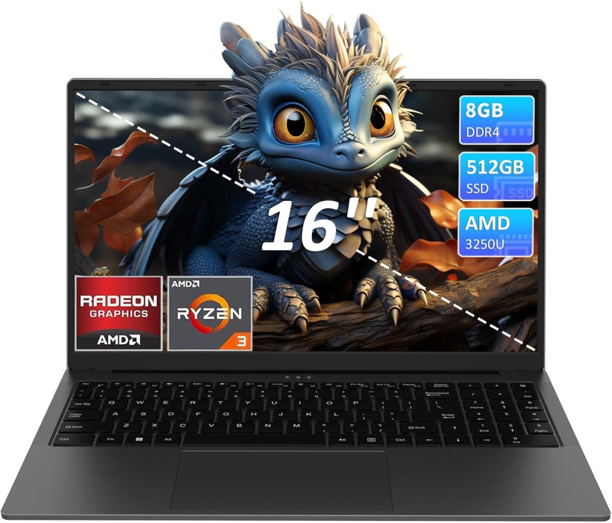 ⁦16 Inch Laptop Computer - AMD Ryzen 3 3250U Processor (2C/4T, up to 3.5GHz), 1920×1200 FHD IPS Display, 8GB RAM 512GB SSD, Fingerprint,Backlit Keyboard,1MP Webcam, Type-C, Laptops for Business Student⁩ - الصورة ⁦8⁩