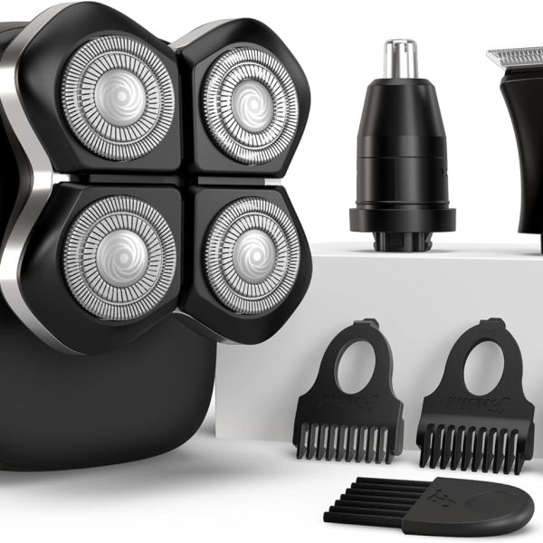 Freebird FlexSeries Pro Electric Head & Body Shaver - Mens Cordless Rechargeable Wet/Dry Skull Bald Head Back & Groin Waterproof Razor with Rotary Blades, Clippers, Nose Trimmer, Brush, Massager