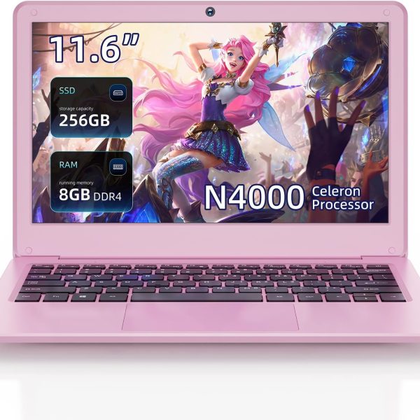 JSHIX 11.6'' Windows Laptop,Pink mini Laptop,Celeron N4000 Processor, 8 GB RAM, 256 GB Storage,11.6-inch HD Display, Windows 11, Laptop for Entertainment or Student use