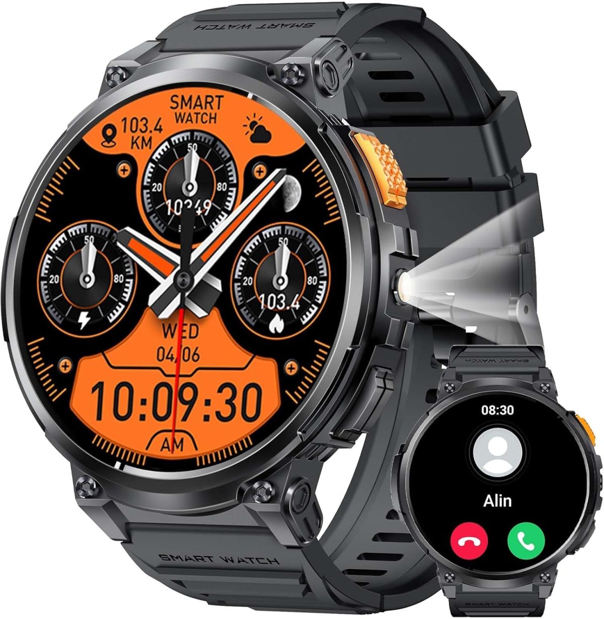 Military Smart Watches for Men with LED Flashlight 1.85" Large Screen 730mAh Big Battery Activity Tracker with Bluetooth Call Sport Modes Health Monitor Outdoor Tactical Smartwatch for iPhone Android