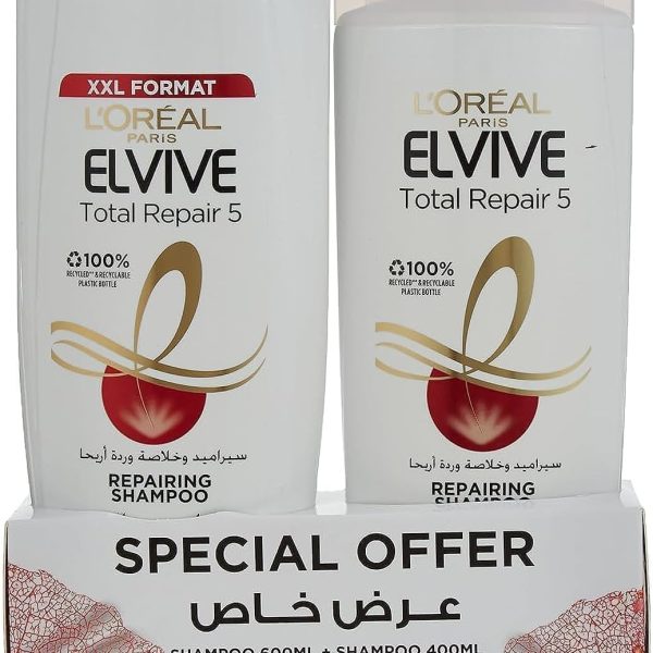L’Oréal Paris Elvive Total Repair 5 Shampoo 600ml + Shampoo 400ml For Normal to Dry Hair