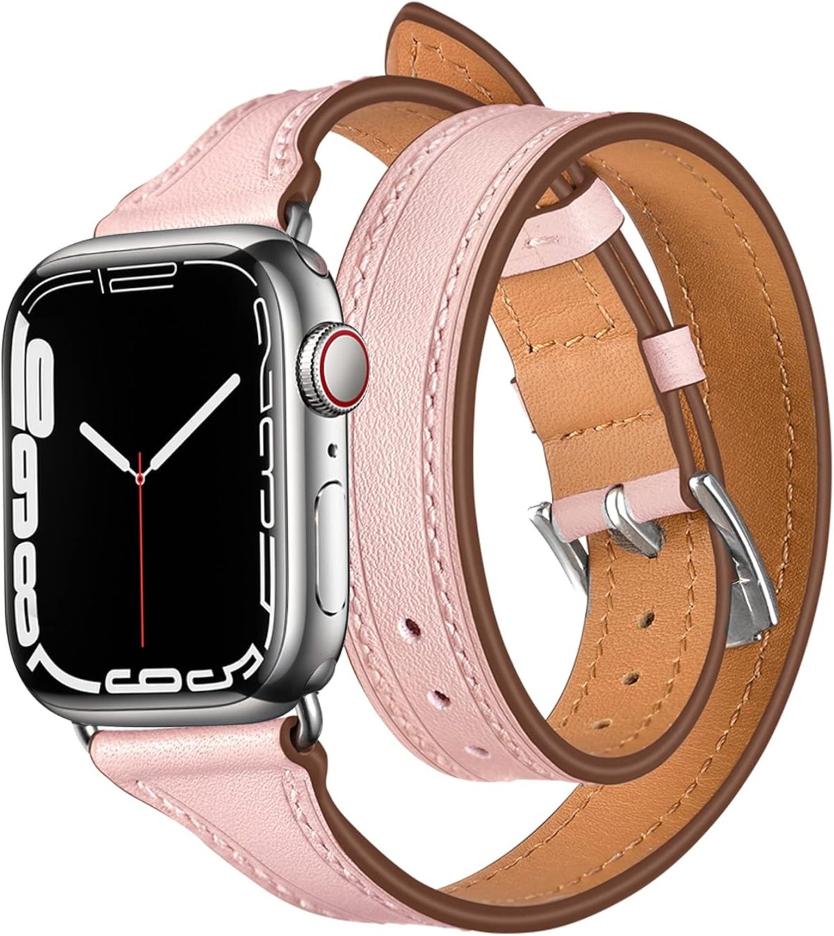 INFOSUN for Apple Watch Band 38mm 40mm 41mm Women Double Tour Leather Strap Bracelets Genuine Leather Wrist band Slim Replacement Strap for iWatch SE Series 9/8/7/6/5/4/3/2/1（38mm/40mm/41mm）Pink