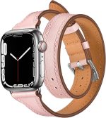 INFOSUN for Apple Watch Band 38mm 40mm 41mm Women Double Tour Leather Strap Bracelets Genuine Leather Wrist band Slim Replacement Strap for iWatch SE Series 9/8/7/6/5/4/3/2/1（38mm/40mm/41mm）Pink