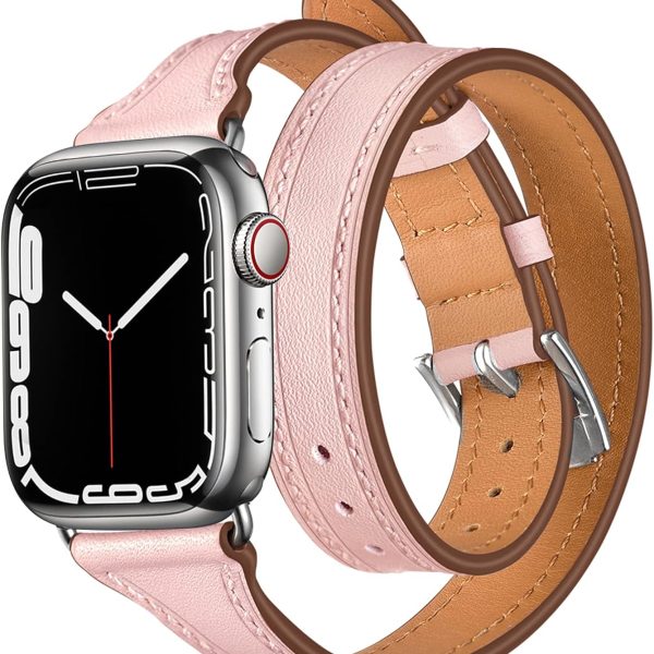 INFOSUN for Apple Watch Band 38mm 40mm 41mm Women Double Tour Leather Strap Bracelets Genuine Leather Wrist band Slim Replacement Strap for iWatch SE Series 9/8/7/6/5/4/3/2/1（38mm/40mm/41mm）Pink