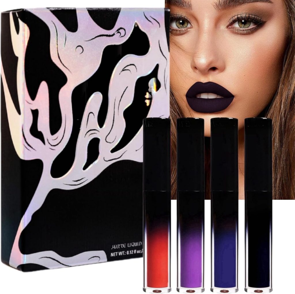 ChengJin 4pcs Dark Blue Black Purple Matte Liquid Lipstick Set, Long Lasting Matte Lipstick Lip Stain, Moisturizing Velvet Liquid Lipstick Lipgloss, High Pigment Black Lipgloss