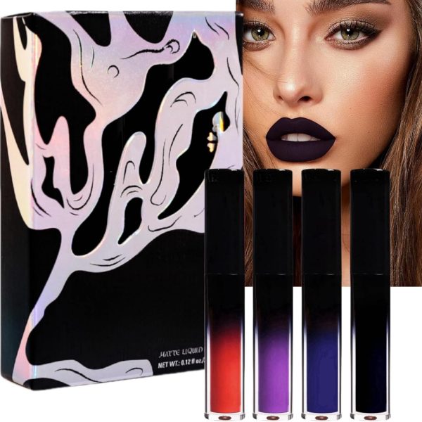 ChengJin 4pcs Dark Blue Black Purple Matte Liquid Lipstick Set, Long Lasting Matte Lipstick Lip Stain, Moisturizing Velvet Liquid Lipstick Lipgloss, High Pigment Black Lipgloss
