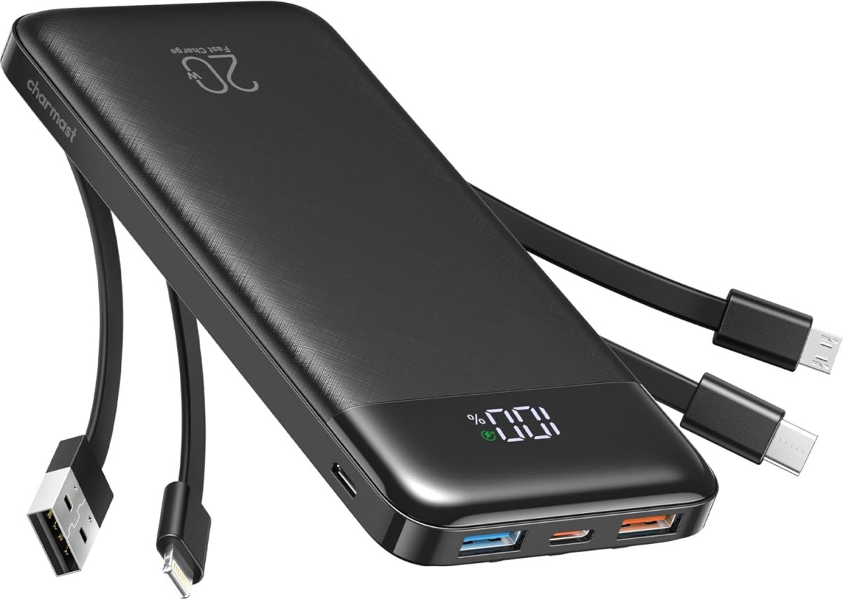 Charmast Power Bank with Built in Cables, 20000mAh USB C Battery Pack 5 Outputs 4 Inputs with LED Display Type C Powerbank,22.5W Fast Charging Portable Charger Compatible with Smartphones and More