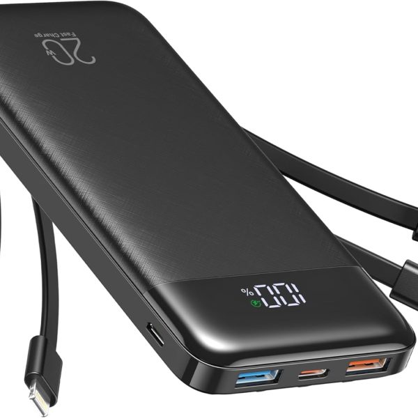 Charmast Power Bank with Built in Cables, 20000mAh USB C Battery Pack 5 Outputs 4 Inputs with LED Display Type C Powerbank,22.5W Fast Charging Portable Charger Compatible with Smartphones and More