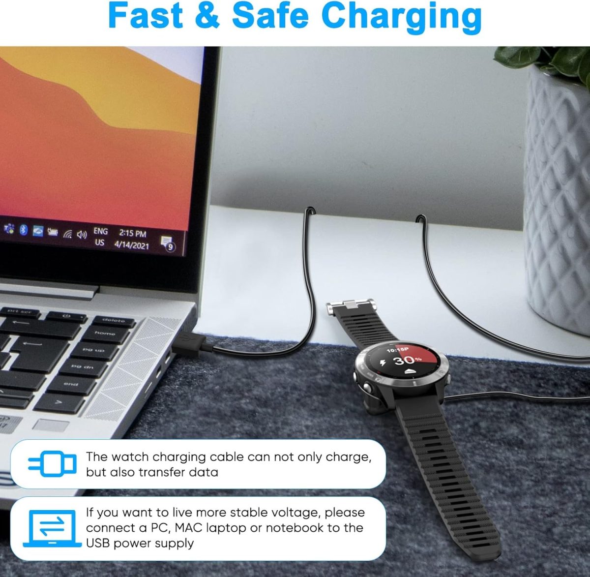 ⁦Charger Cable for Garmin Watch[2-Pack,3.3ft],Right Angle Fast Charging Cable 90°Elbow Design Compatible with Garmin Fenix 5/6/7,Forerunner 245/945,Vivoactive 3/4S/4,Venu 2/2S,Instinct 2/2S,Vivosmart 5⁩ - الصورة ⁦5⁩