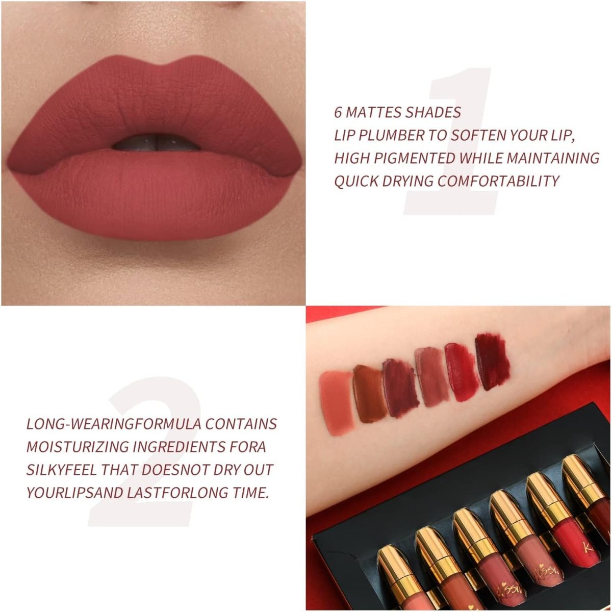 ⁦Excefore Matte Liquid Lipstick Set, 6PCS Excellent Long Lasting & Waterproof Sweatproof Summer Proof Lip Gloss, Beauty Cosmetics Makeup Set, Lightweight Professional Moisturizing Makeup Lips Gift Kit⁩ - الصورة ⁦5⁩