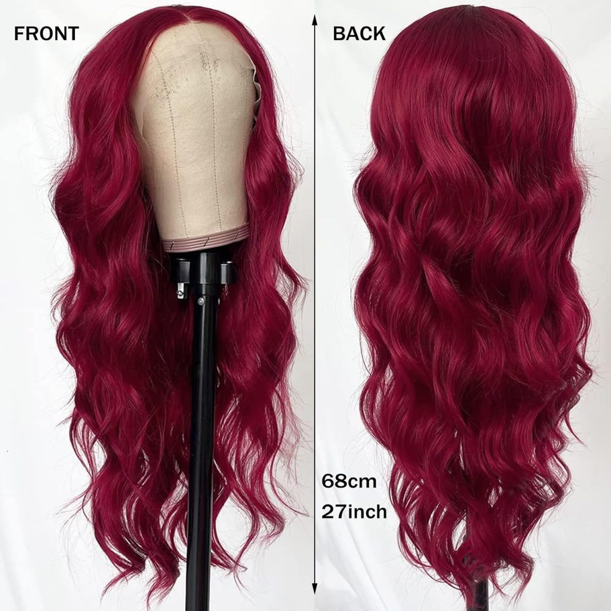 ⁦Long Wavy Wig, Wine Red Burgundy, 68 cm Length, Middle Part Lace Front, Heat Resistant Synthetic Hair⁩ - الصورة ⁦2⁩