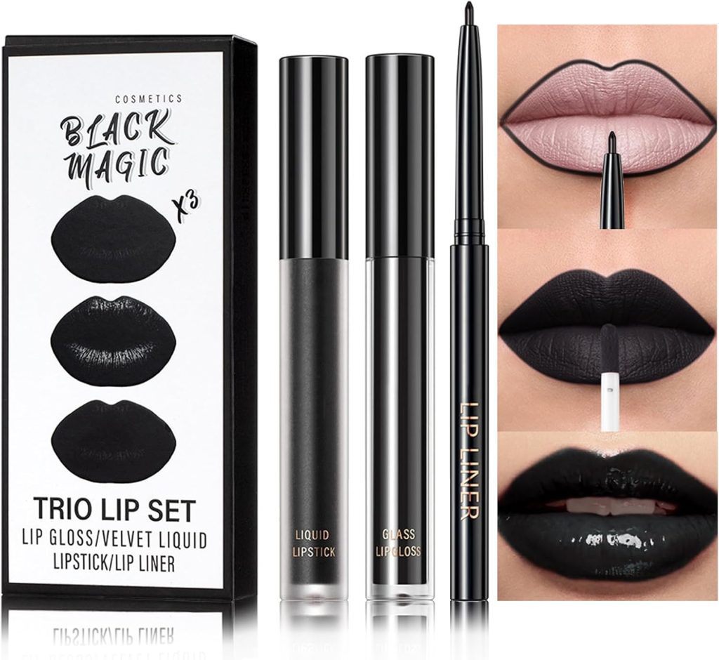 Black Lip Liner Lipstick Lip Gloss Set, 3Pcs Black Matte Liquid Lipstick Lip Stain, Long-Lasting Highly Pigmented Waterproof Lipgloss for Lips Makeup Kits Party, Halloween, Gothic Makeup