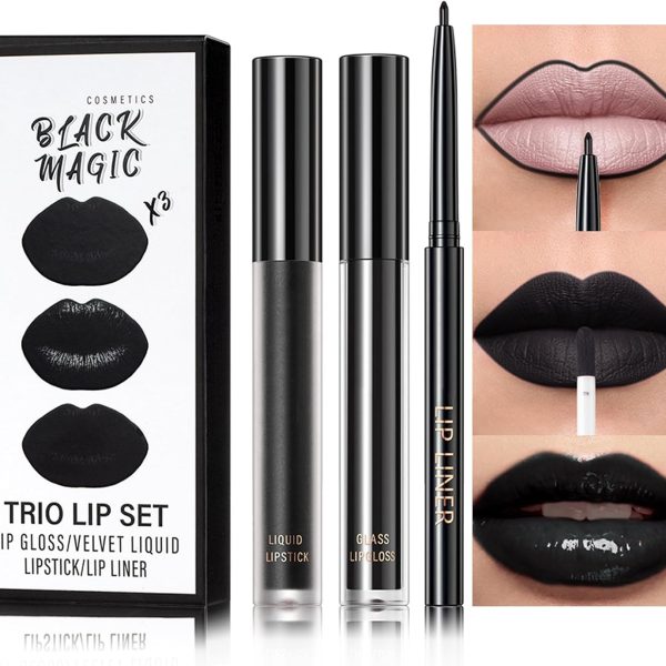 Black Lip Liner Lipstick Lip Gloss Set, 3Pcs Black Matte Liquid Lipstick Lip Stain, Long-Lasting Highly Pigmented Waterproof Lipgloss for Lips Makeup Kits Party, Halloween, Gothic Makeup