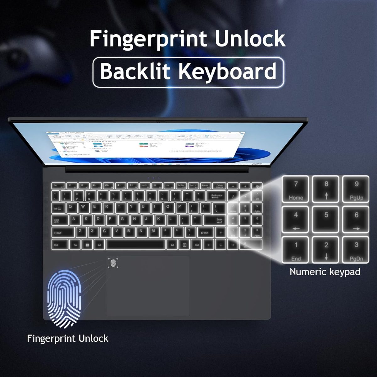 ⁦16 Inch Laptop Computer - AMD Ryzen 3 3250U Processor (2C/4T, up to 3.5GHz), 1920×1200 FHD IPS Display, 8GB RAM 512GB SSD, Fingerprint,Backlit Keyboard,1MP Webcam, Type-C, Laptops for Business Student⁩ - الصورة ⁦2⁩