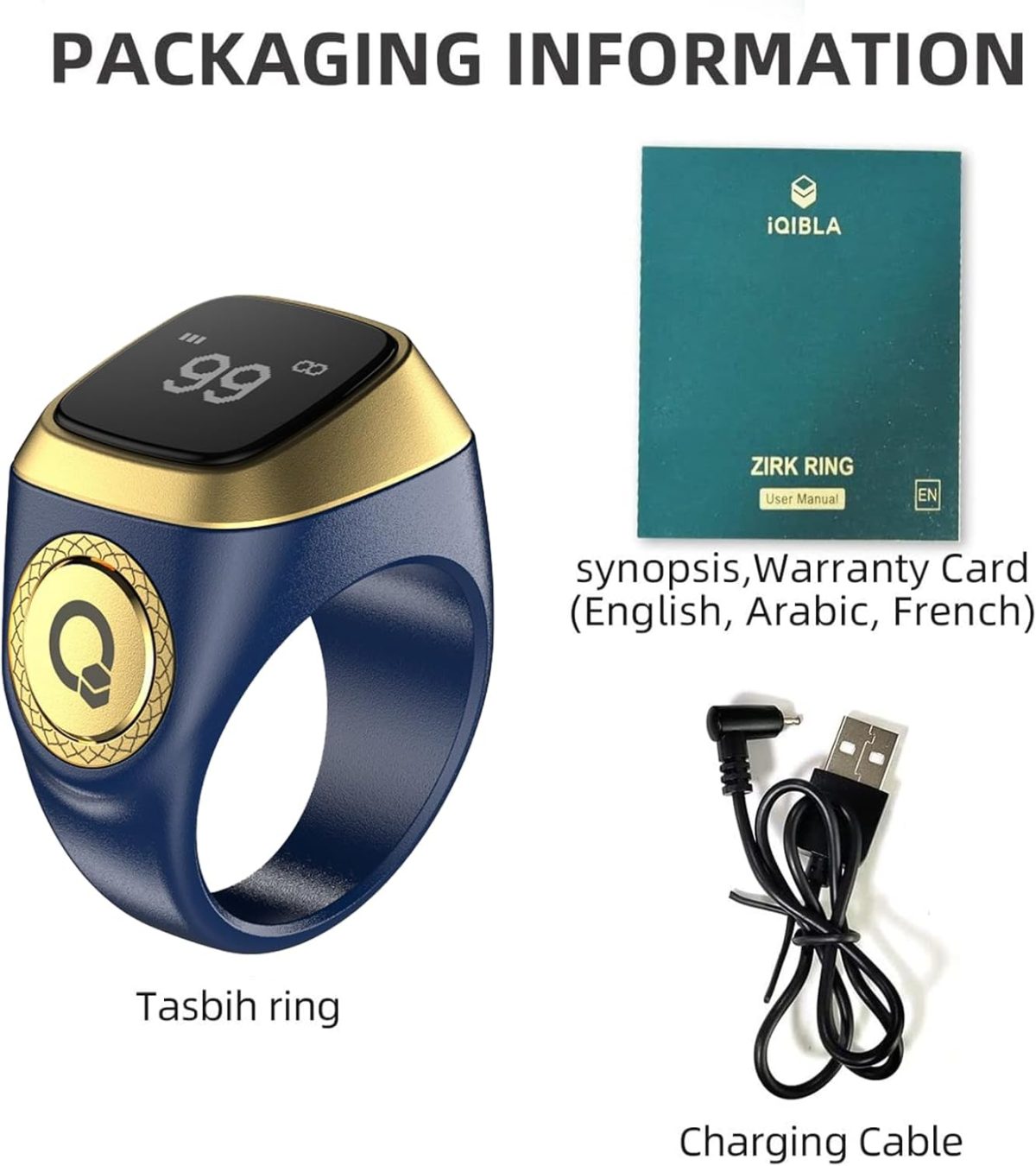 ⁦Generic Tasbih Smart Ring 20mm, Muslim Prayer, Prayer timing reminder, OLED display Tasbih Counter, Waterproof (Blue)⁩ - الصورة ⁦6⁩