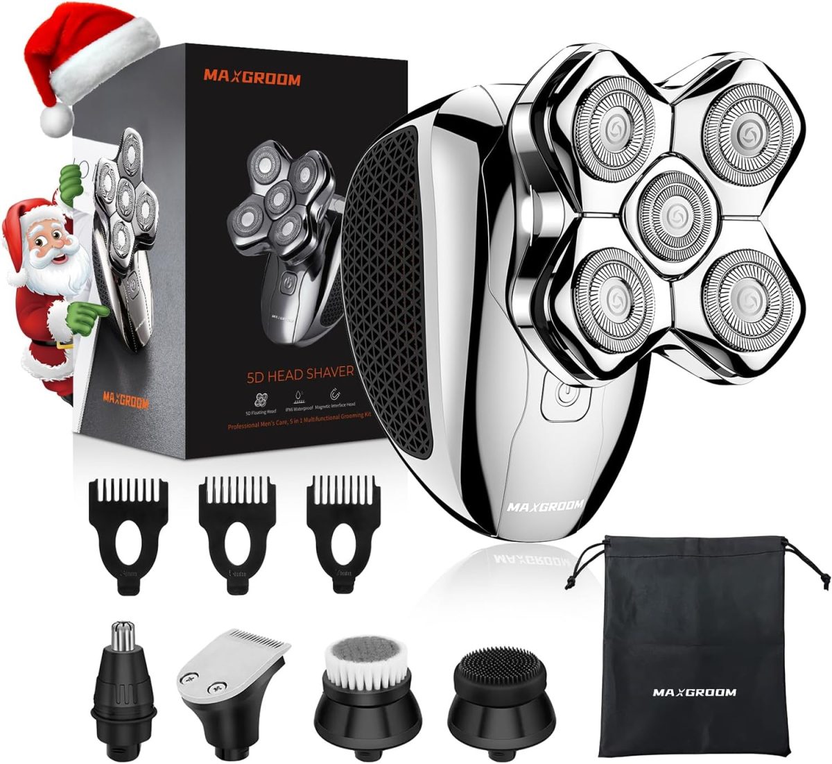 MAXGROOM Electric Head Shaver for Men, 5-in-1 Head Shaver for Bald Men, Waterproof Wet/Dry Electric Shaver Razor Beard Grooming Kit (Large)