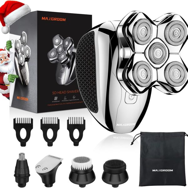 MAXGROOM Electric Head Shaver for Men, 5-in-1 Head Shaver for Bald Men, Waterproof Wet/Dry Electric Shaver Razor Beard Grooming Kit (Large)