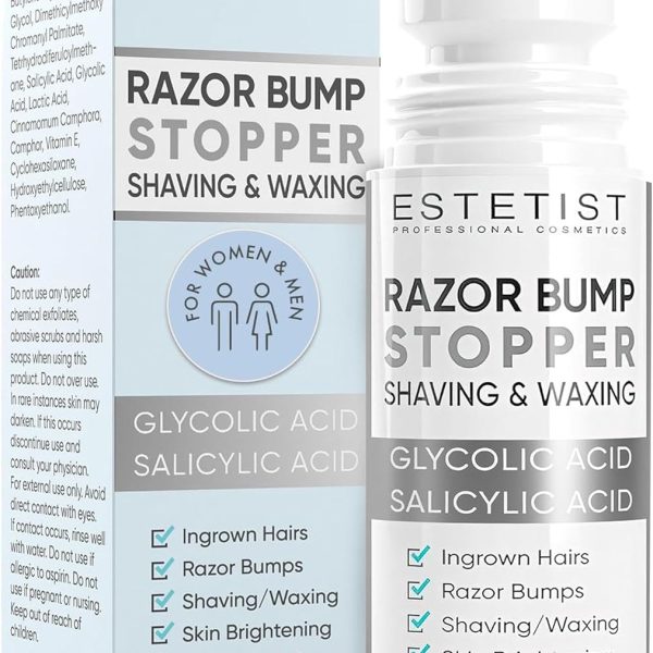 Razor Bump Stopper Solution for Ingrown Hair Skin Care Treatment for Face, Neck, Bikini Area, Legs and Underarm Area After Shave Serum Roll-On for Men and Women With Salicylic Acid, Glycolic Acid