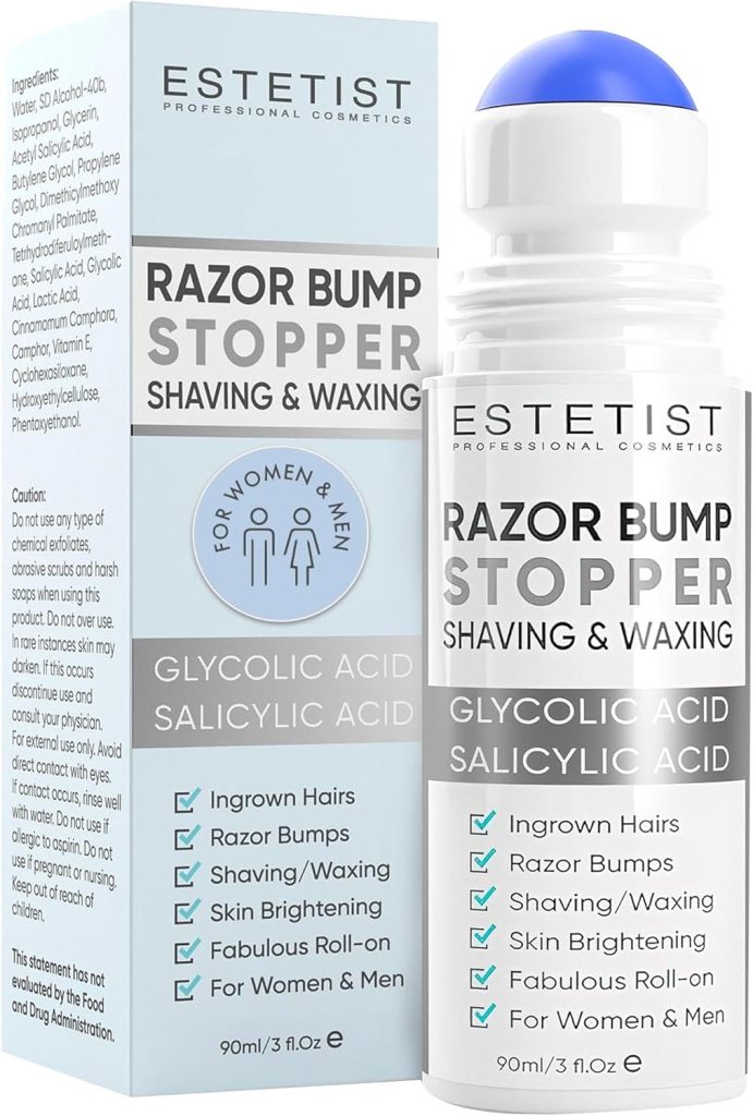 Razor Bump Stopper Solution for Ingrown Hair Skin Care Treatment for Face, Neck, Bikini Area, Legs and Underarm Area After Shave Serum Roll-On for Men and Women With Salicylic Acid, Glycolic Acid