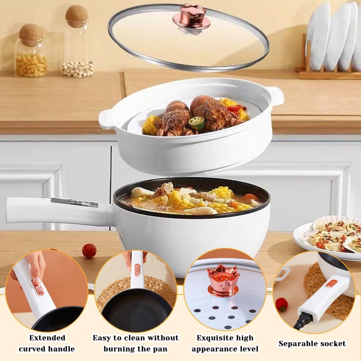 ⁦YESMAX Electric Cooker 3 Litre Hot Pot with Steamer, Non-Stick Frying Pan, Portable Travel Cooker for Ramen/Steak/Fried Rice/Oatmeal/Soup⁩ - الصورة ⁦5⁩