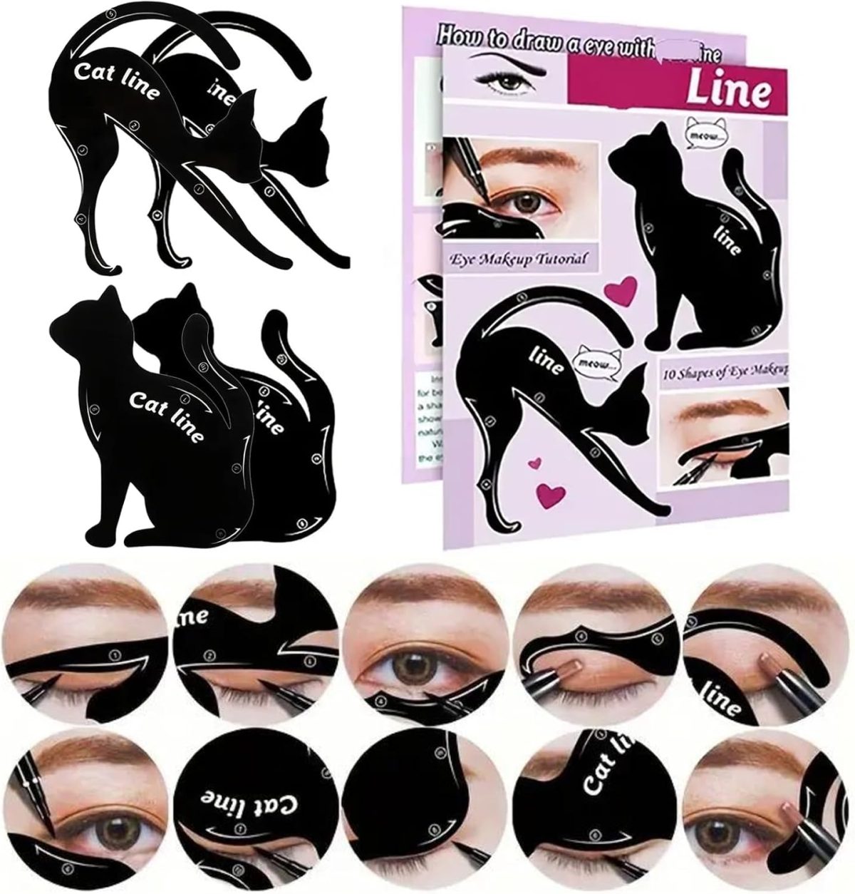 Tazweeq 4 Pcs Eyeliner Stencils for Cat Eye Winged, Different Effects, Eyeshadow Applicators, Tool Guide