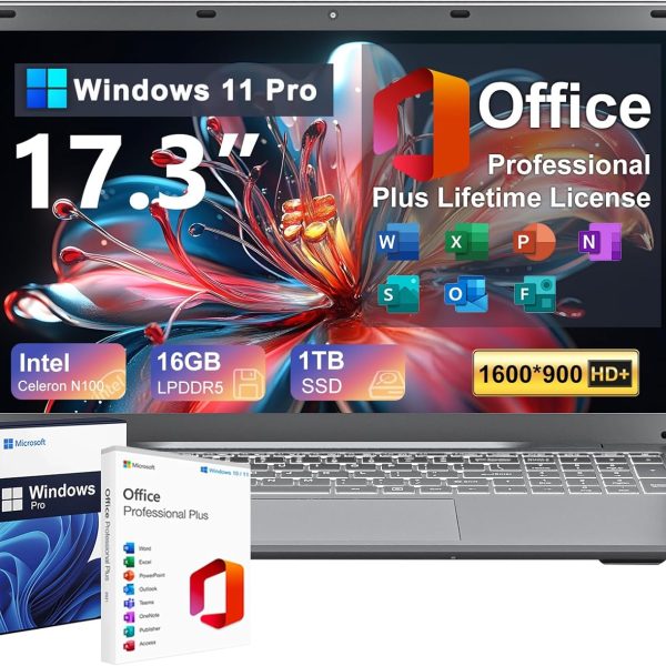2025 Laptop 17 17.3 Inch HD+ for Students and Business, 16GB DDR5 RAM, 1TB SSD, Intel 4-Core N100(Beat to i3-1115G4, Up to 3.4GHz), Backlit Keyboard, Fingerprint, Type-C, MS Office, Windows 11 Pro