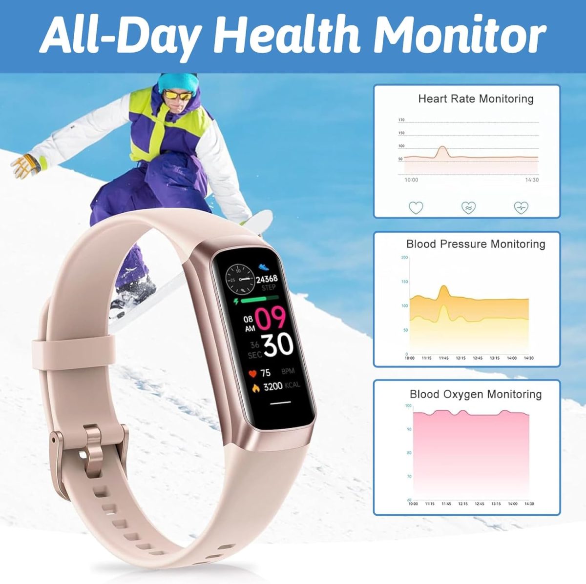 ⁦Smart Activity Tracke with1.1' Slim-thin Fitness Band, Fitness Tracker with Blood Oxygen Heart Rate & Sleep Monitor, 25+ Sport Modes with Step Count for Women&Men, IP67 Waterproof for Andorid iOS Pink⁩ - الصورة ⁦5⁩