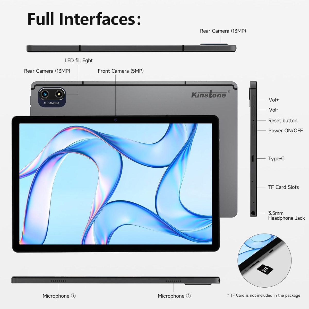 ⁦Kinstone 10.1 Inch Android Gaming Tablet, 8GB RAM 256GB ROM, Octa-Core 2.0GHz, FHD 1920x1200 IPS Screen, 6000mAh Battery, Blueteeth 5.0 & Dual WiFi, 13MP Camera, Metal Body, GMS Certified, Arabic⁩ - الصورة ⁦8⁩