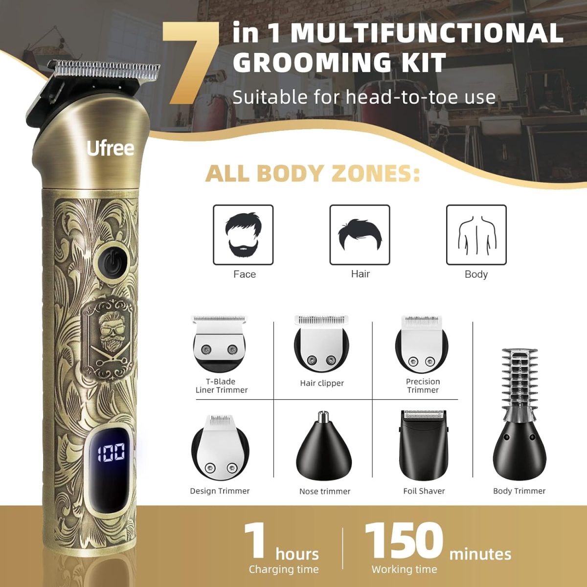 ⁦Ufree Beard Trimmer for Men, Electric Razor Shaver, Cordless Hair Clipper Shaving Kit for Mustache Body Nose Ear Hair Facial, Adjustable Beard Grooming Kit Birthday Gifts for Men⁩ - الصورة ⁦2⁩